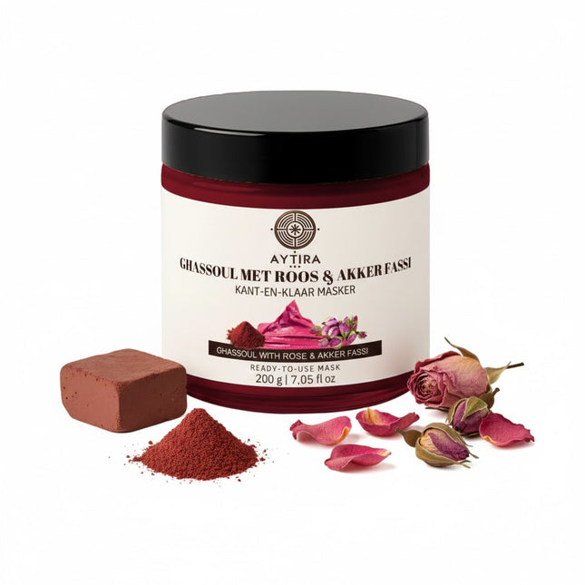 AYTiRA Ghassoul à la Rose & Aker Fassi – Masque Visage Prêt à l'Emploi – 200 g – Argile Naturelle de Rhassoul – Peau Éclatante & Apaisante