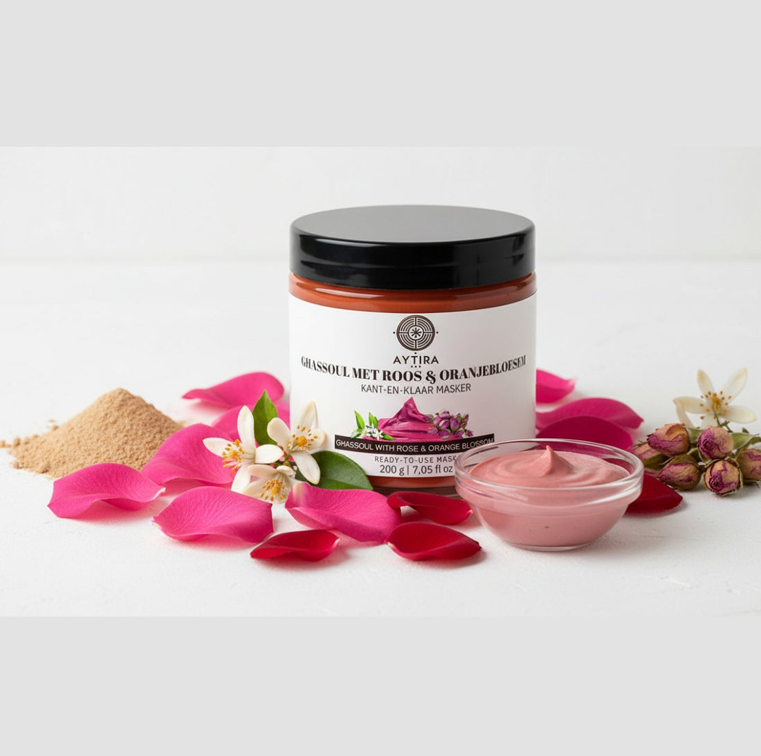 AYTiRA Ghassoul met Roos & Oranjebloesem – Kant-en-Klaar Gezichtsmasker – 200 g – Natuurlijke Rhassoul Klei – Hydraterend & Zuiverend