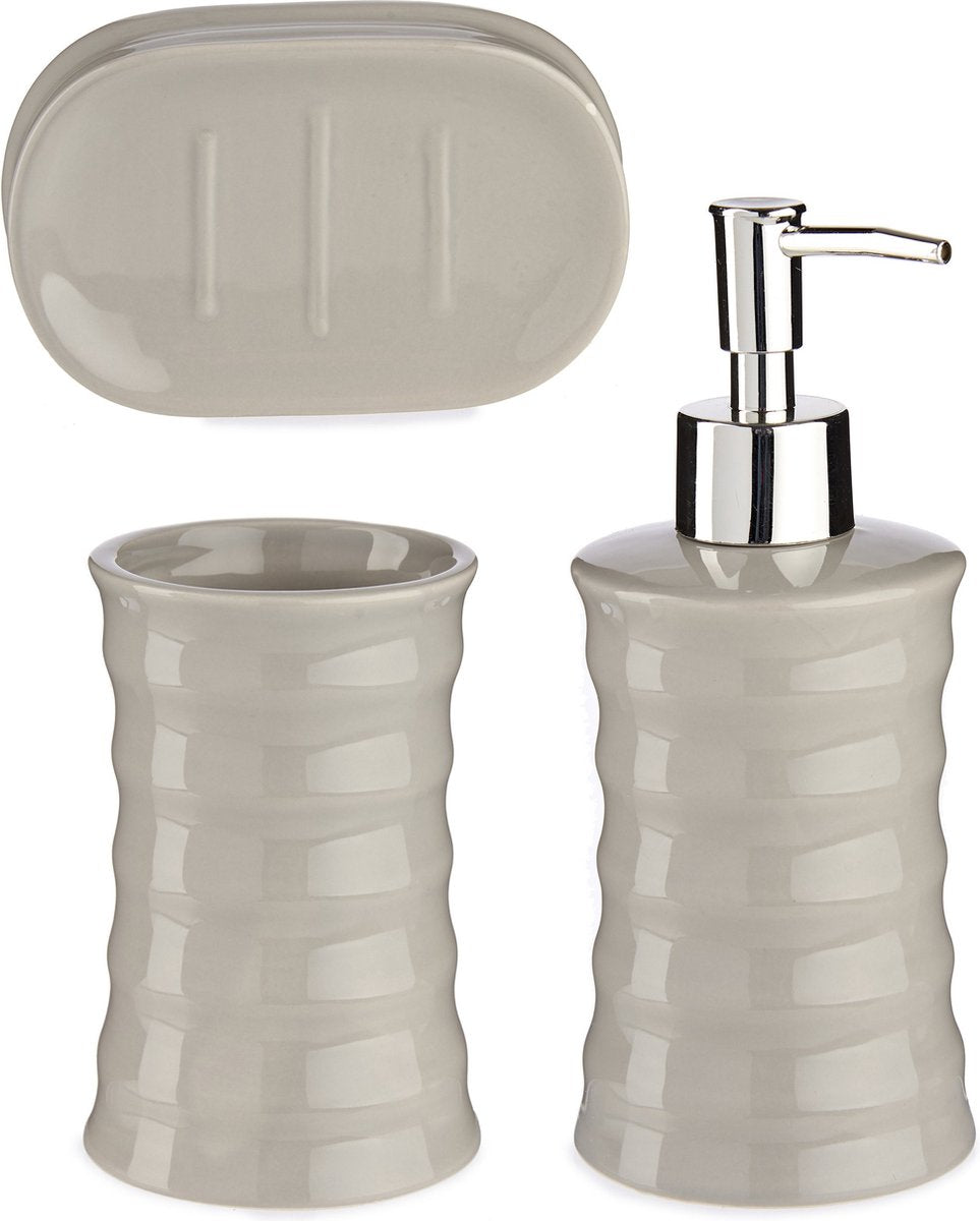 Badkamer accessoire set grijs, keramisch – 3-delig met golvend ontwerp – foto 2
