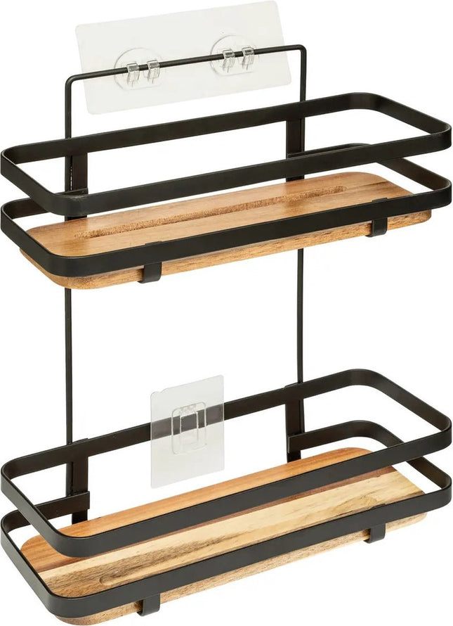 Badkamer douche rekje organizer - zwart metaal/acacia hout - zuignappen - 25 x 15 x 30 cm