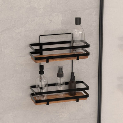 Badkamer douche rekje organizer - zwart metaal/acacia hout - zuignappen - 25 x 15 x 30 cm