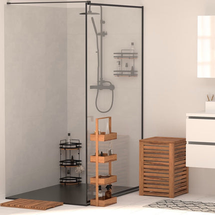 Badkamer douche rekje organizer - zwart metaal/acacia hout - zuignappen - 25 x 15 x 30 cm
