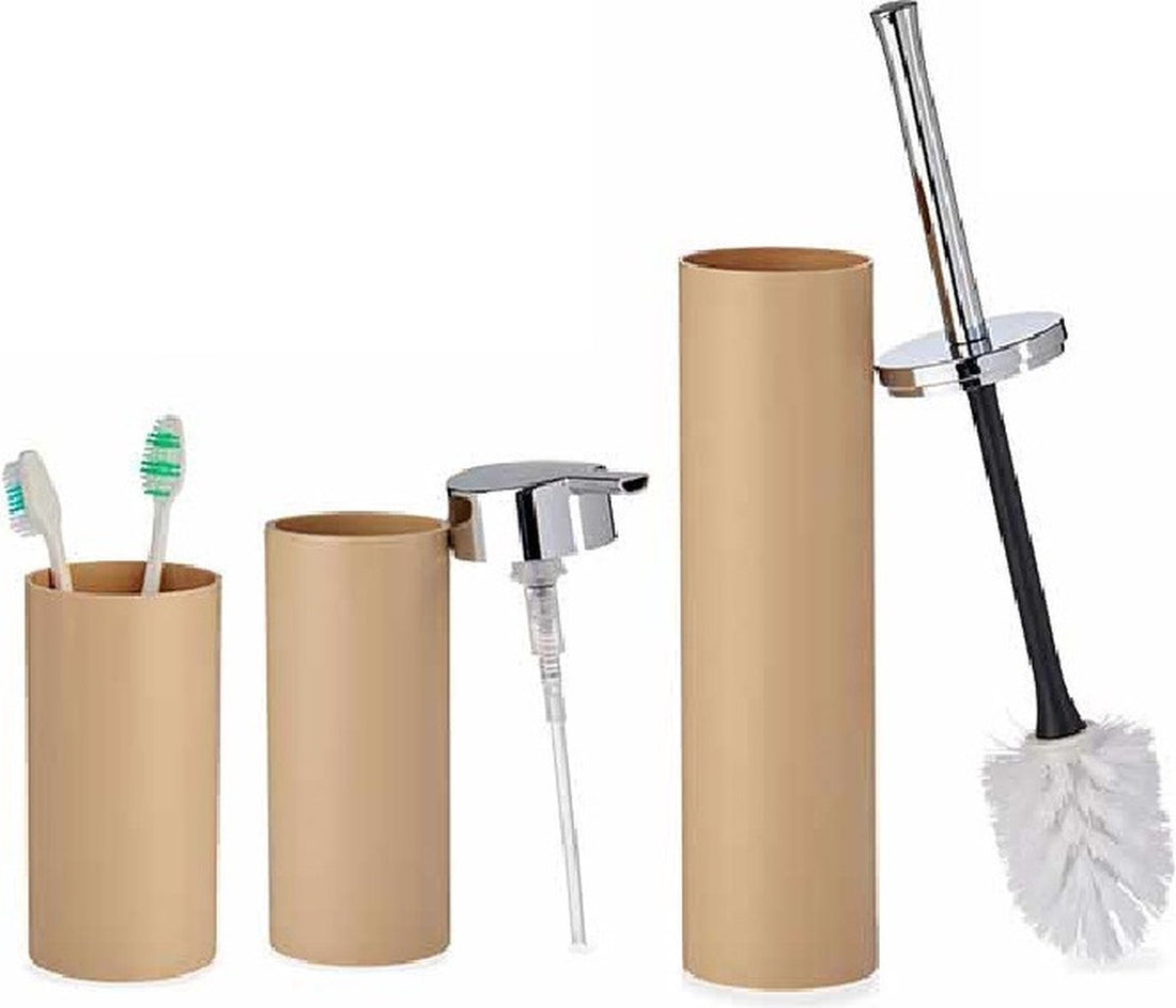 Badkamerset toiletborstel, zeeppompje en beker – kunststof, grijs of beige – foto 5