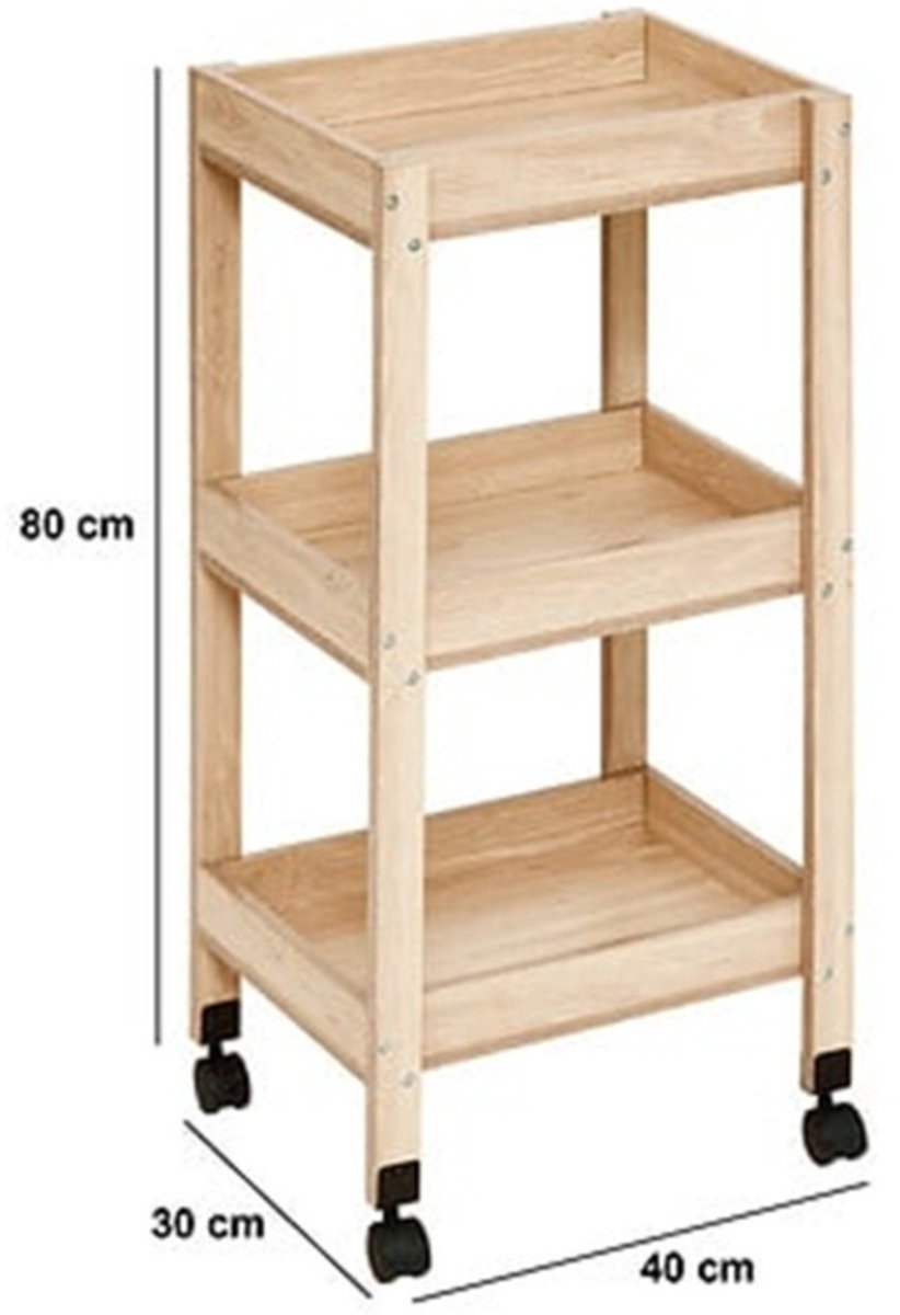 5Five Kitchen / bathroom trolley 3-tier - L40 x W30 x H80 cm - natural - PP wood - with wheels - storage baskets / trays