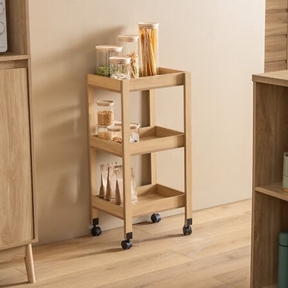 5Five Kitchen / bathroom trolley 3-tier - L40 x W30 x H80 cm - natural - PP wood - with wheels - storage baskets / trays