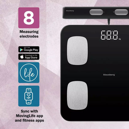 Klausberg Pèse-personne électronique numérique intelligent avec analyse corporelle - pèse-personne avec application - Poids et IMC - Pèse-personne intelligent pourcentage de graisse