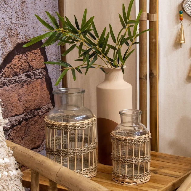 Vase en céramique peinte beige et marron - Vase décoratif en faïence (32 cm)