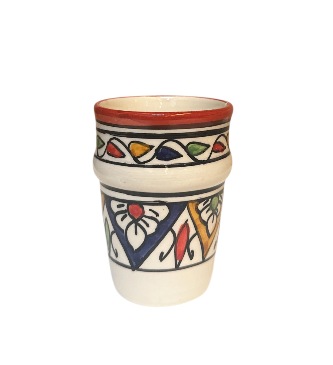 Marokkanischer handgefertigter Becher – 9 cm hoch – Rotrand mit buntem Motiv