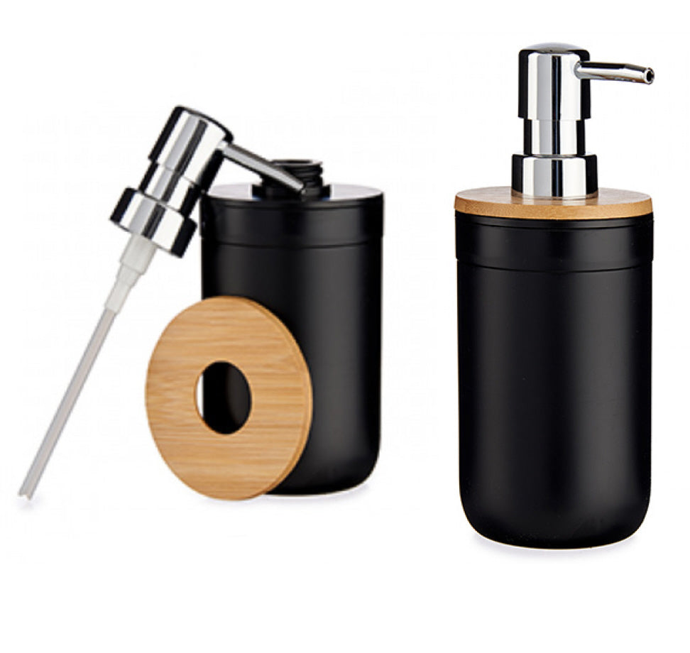 Zwarte zeepdispenser met bamboe deksel – 350 ml, 8 x 16,5 cm