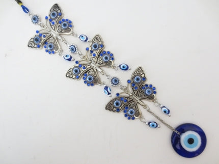 Pendentif mauvais œil bleu avec 3 papillons
