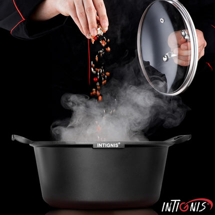 INTIGNIS® Faitout avec Couvercle – 28 cm – Revêtement Céramique Antiadhésif GREBLON – Compatible Induction, Gaz & Électrique – Couvercle en Verre Inclus