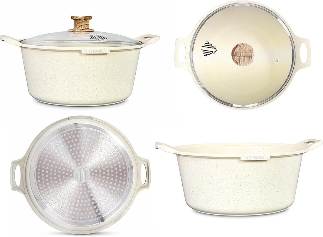 INTIGNIS® Schmortopf mit Deckel – 32 cm (10 Liter) – GREBLON Keramik-Antihaftbeschichtung – Geeignet für Induktion, Gas & Elektro – Inklusive Glasdeckel - Weiß