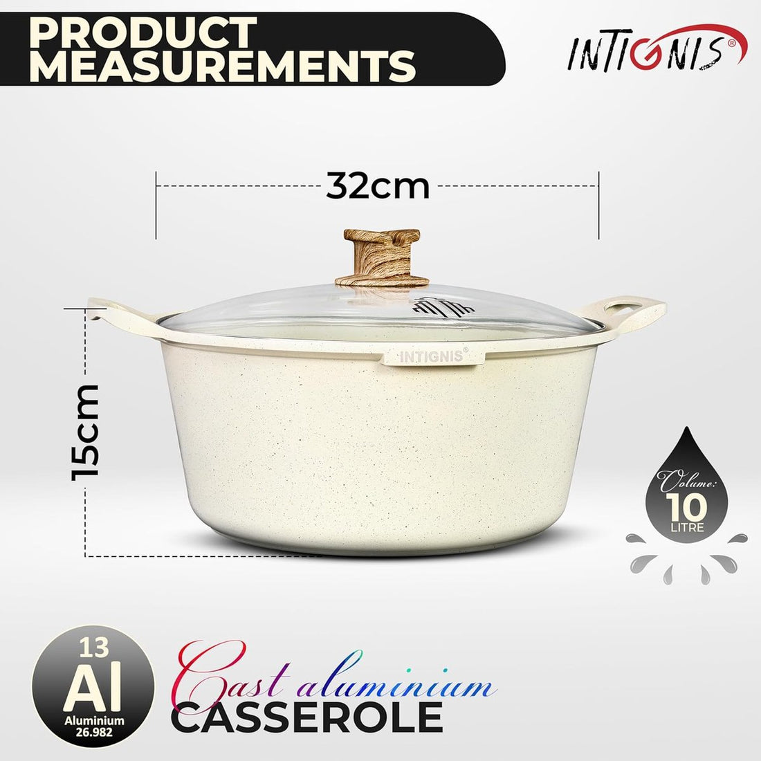 INTIGNIS® Schmortopf mit Deckel – 32 cm (10 Liter) – GREBLON Keramik-Antihaftbeschichtung – Geeignet für Induktion, Gas & Elektro – Inklusive Glasdeckel - Weiß