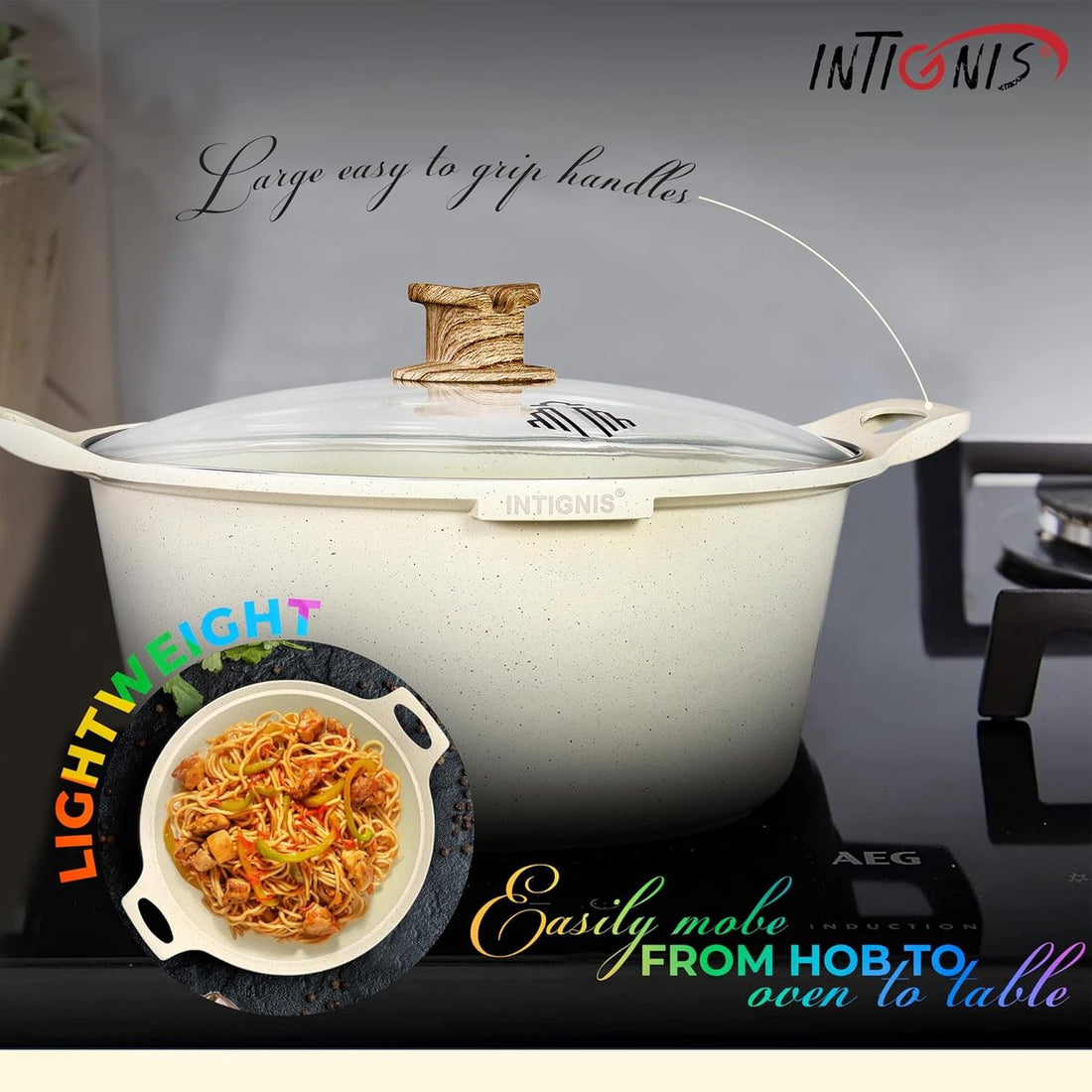 INTIGNIS® Schmortopf mit Deckel – 32 cm (10 Liter) – GREBLON Keramik-Antihaftbeschichtung – Geeignet für Induktion, Gas & Elektro – Inklusive Glasdeckel - Weiß