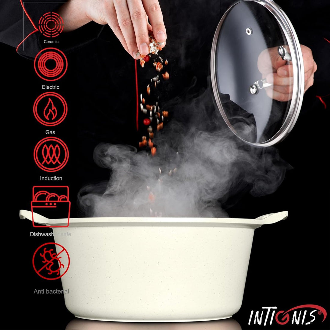 INTIGNIS® Schmortopf mit Deckel – 32 cm (10 Liter) – GREBLON Keramik-Antihaftbeschichtung – Geeignet für Induktion, Gas & Elektro – Inklusive Glasdeckel - Weiß