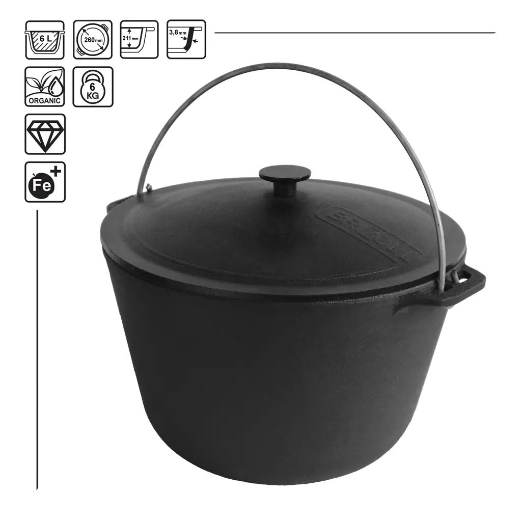 Brizoll KT06-1 Cast Iron Cauldron with Lid 6L - Ideal for Open Fire Cooking, Camping and Picnics