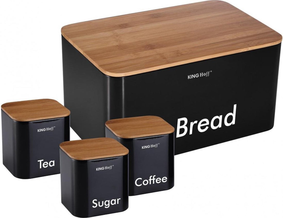 Brotkasten-Set - schwarz - Edelstahl mit Holz - 35 x 21 x 25 cm