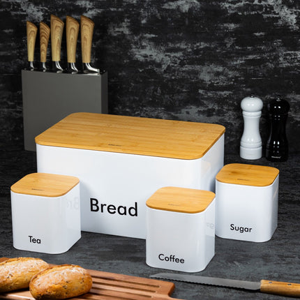 Set de boîtes à pain - Blanc - Acier inoxydable avec bois - 35x23x18,5 cm