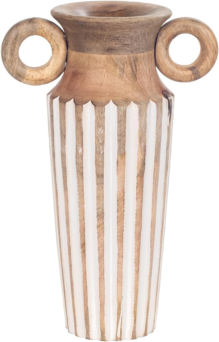 Brown wooden vase with white carvings - 29 cm