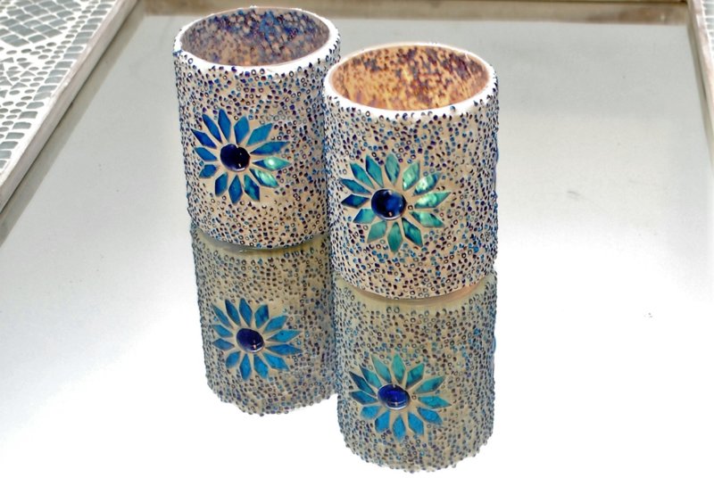 Teelichthalter Zylinder - Mosaik & Perlen - blau