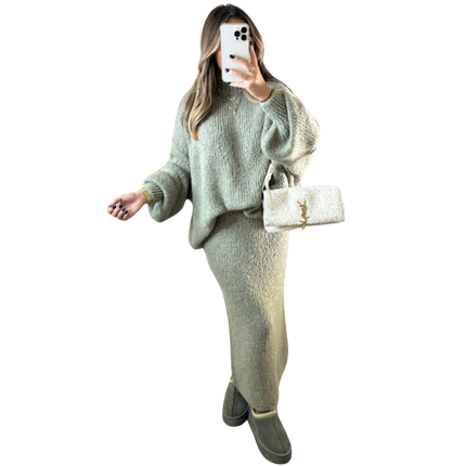 Ensemble Amaya – Pull oversize et jupe longue – 100 % laine