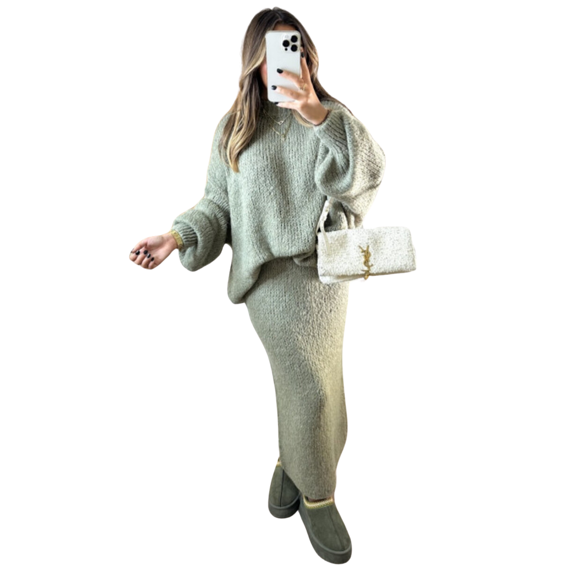 Amaya Twinset – Oversized Pullover & Langer Rock – 100% Wol