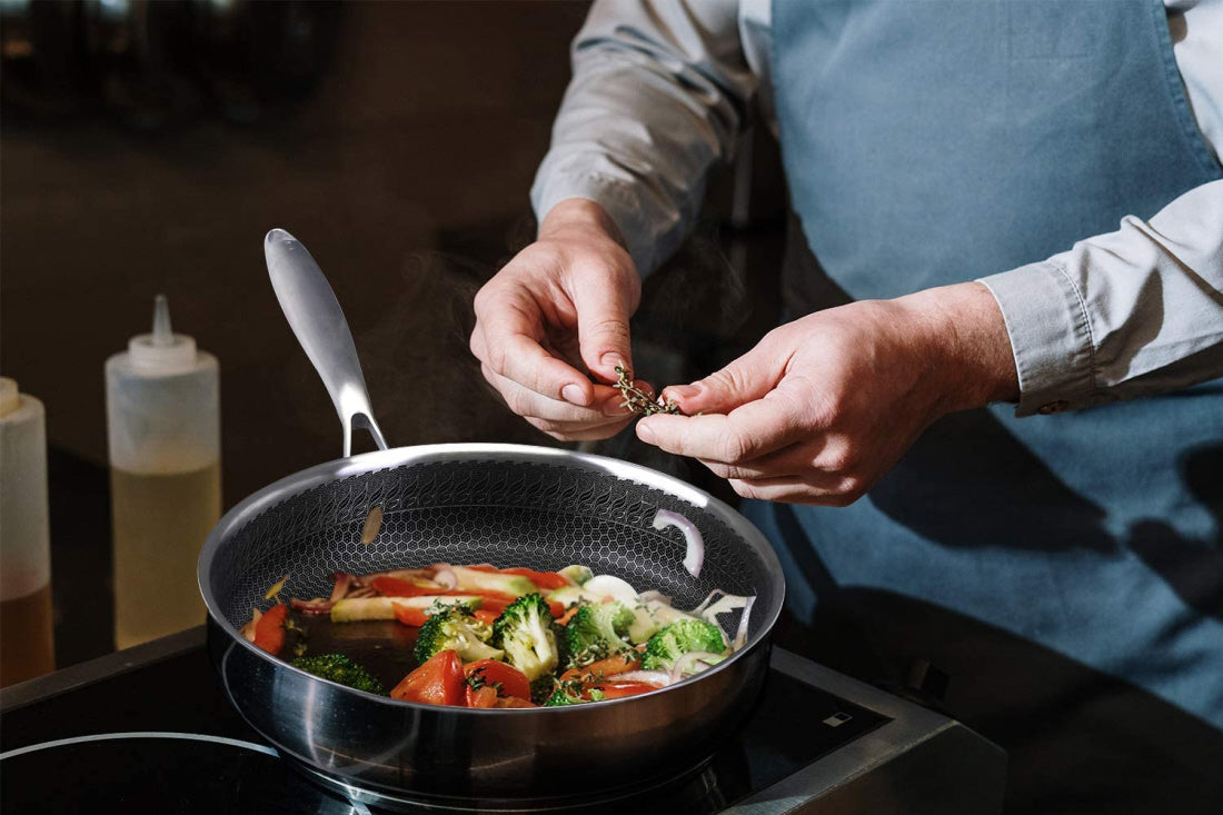 Cainfy stainless steel non-stick frying pan with lid 30 cm - Honeycomb heavy-duty non-stick - Dishwasher and oven safe