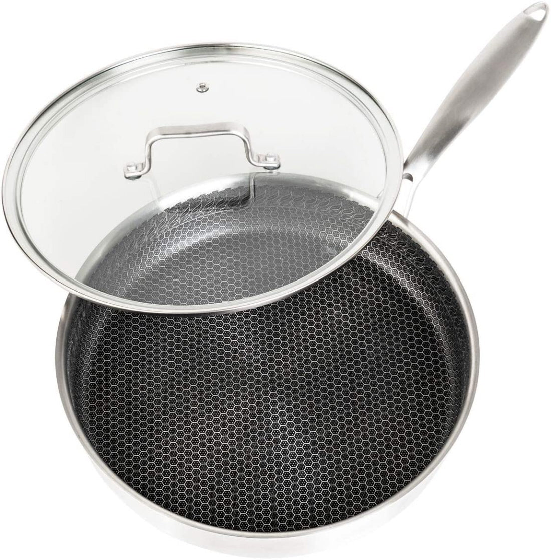 Cainfy stainless steel non-stick frying pan with lid 30 cm - Honeycomb heavy-duty non-stick - Dishwasher and oven safe
