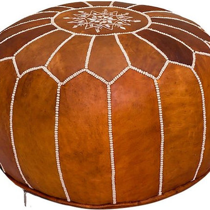 Pouf marocain en cuir brun cognac – fait à la main