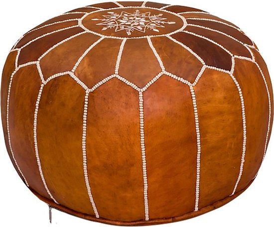 Pouf marocain en cuir brun cognac – fait à la main