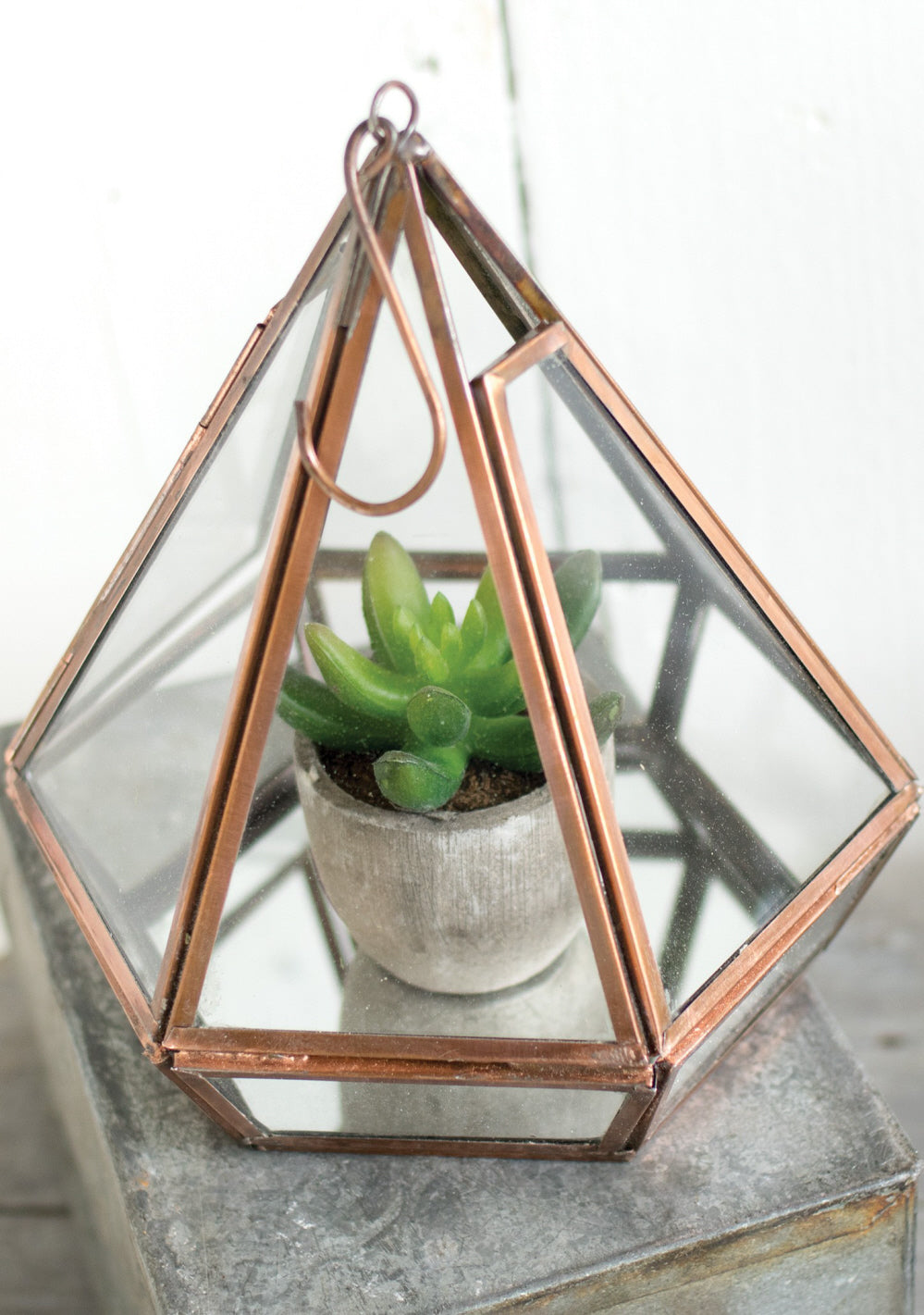 Geometrische lantaarn en plantenbak – koperen afwerking, ijzer en glas, 20 cm – foto 3