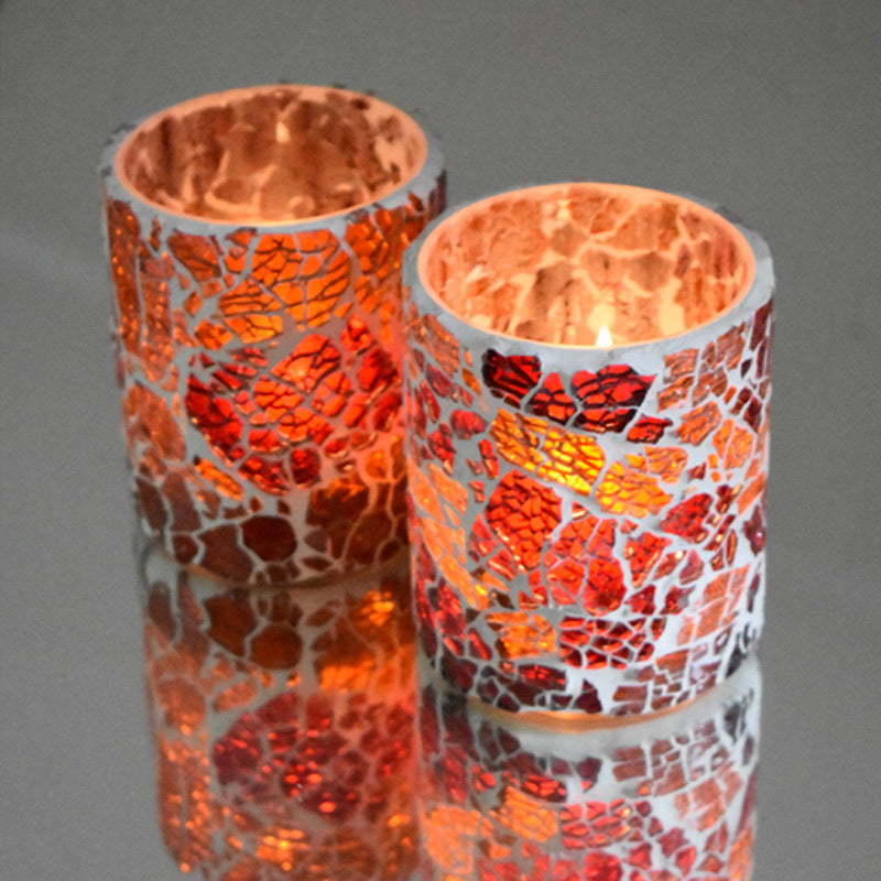 Gebroken glas waxinehouder cilinder – crackled glas, rood/oranje, 10 cm