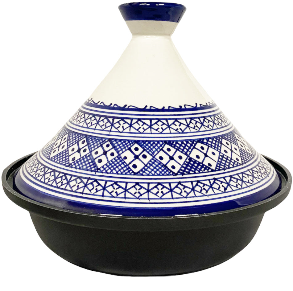 Cuilina tajine Fes Ø 30 cm voor inductie – handbeschilderd deksel, wit/blauw