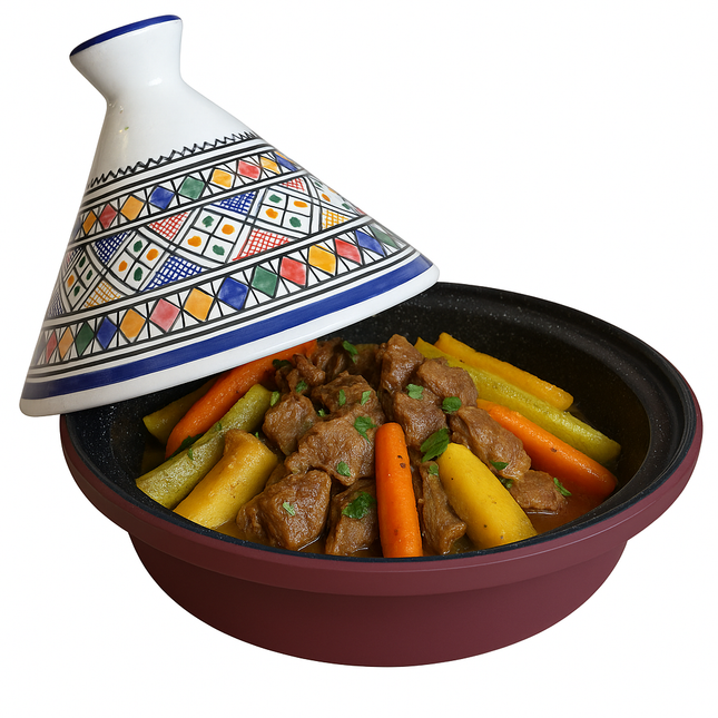 Tajine Cuilina 30 cm – Design Marocain Peint à la Main – Mosaïque Géométrique – Aluminium & Céramique