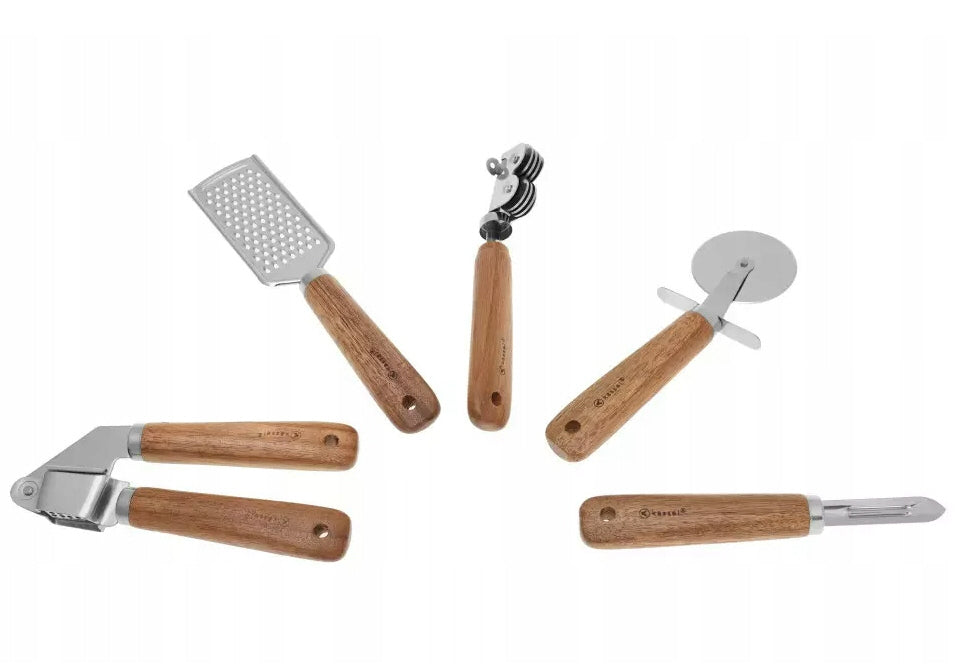 Kassel 5-delige set keukenaccessoires, roestvrij staal, acacia hout