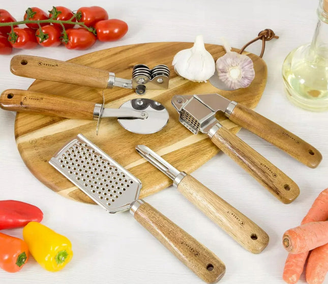 Kassel Ensemble de 5 accessoires de cuisine, acier inoxydable, bois d'acacia