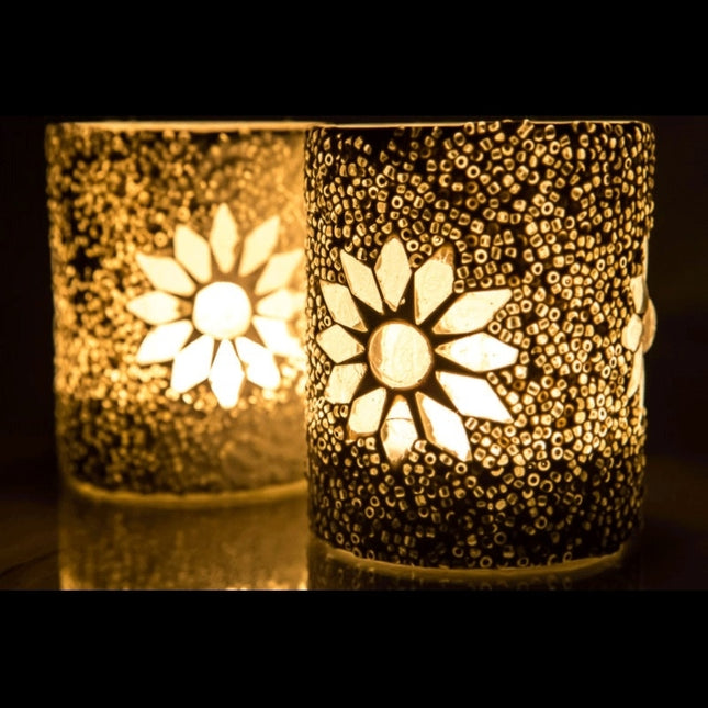 Photophore cylindrique mosaïque et perles en verre transparent