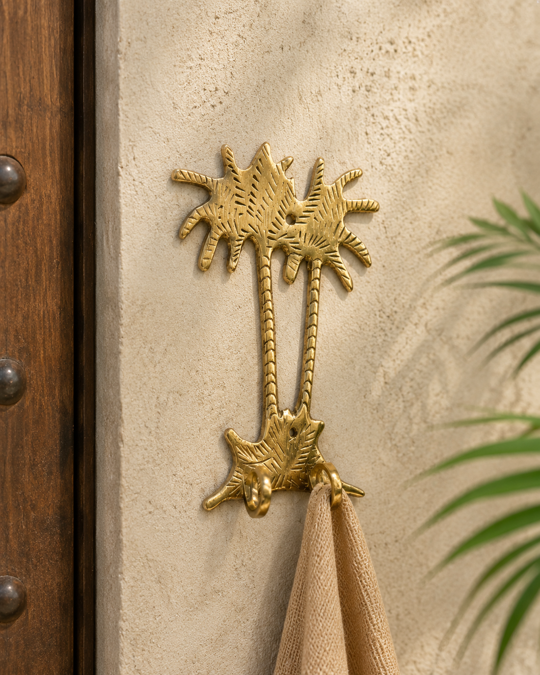 Handmade Palm Tree Coat Rack with 2 Hooks – Brass – Wall Hook – 20 x 11 cm – Moroccan Design