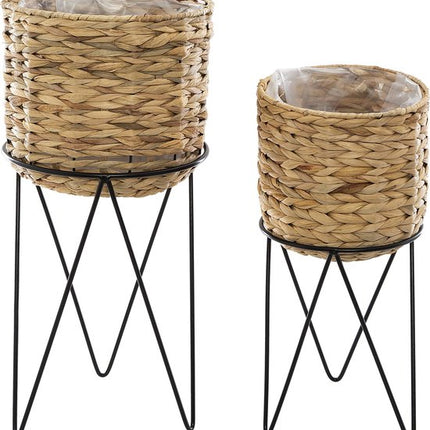 Set de 2 cache-pots tressés Jacinthe sur support métallique noir