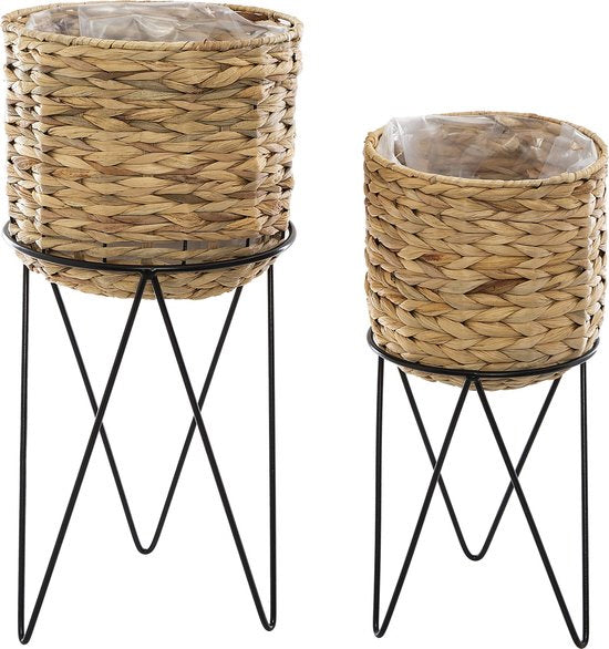 Set de 2 cache-pots tressés Jacinthe sur support métallique noir
