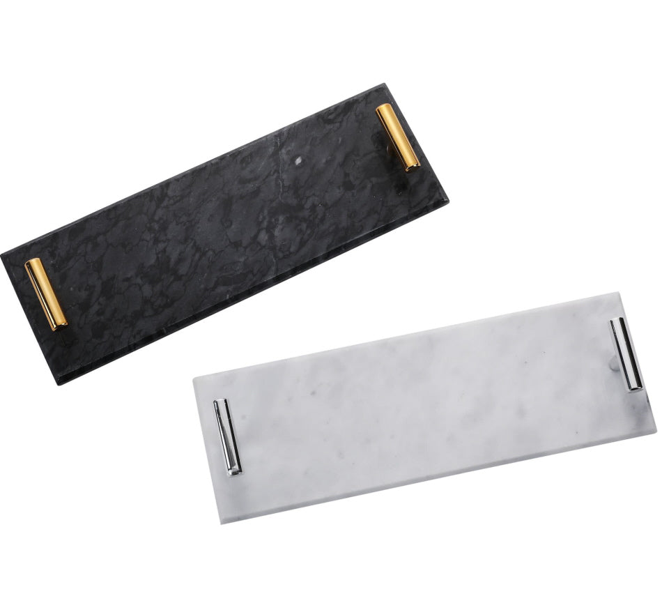 Marble serving tray with gold handles 40 x 14 cm black / white