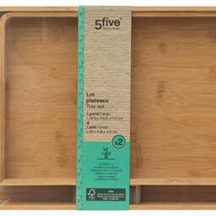 Dienbladen set van 2x stuks met opstaande rand - bamboe hout - 46 x 30 cm/38 x 26 cm