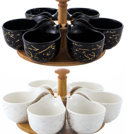 Plateau tournant en bois avec coupelles en porcelaine