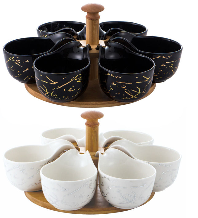 Plateau tournant en bois avec coupelles en porcelaine