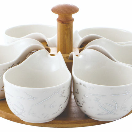 Plateau tournant en bois avec coupelles en porcelaine