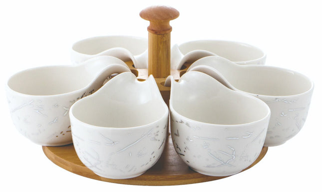 Plateau tournant en bois avec coupelles en porcelaine