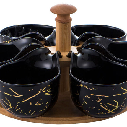 Plateau tournant en bois avec coupelles en porcelaine