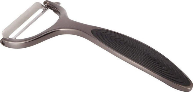 Économe pour légumes et fruits avec poignée ergonomique antidérapante et insert en silicone.