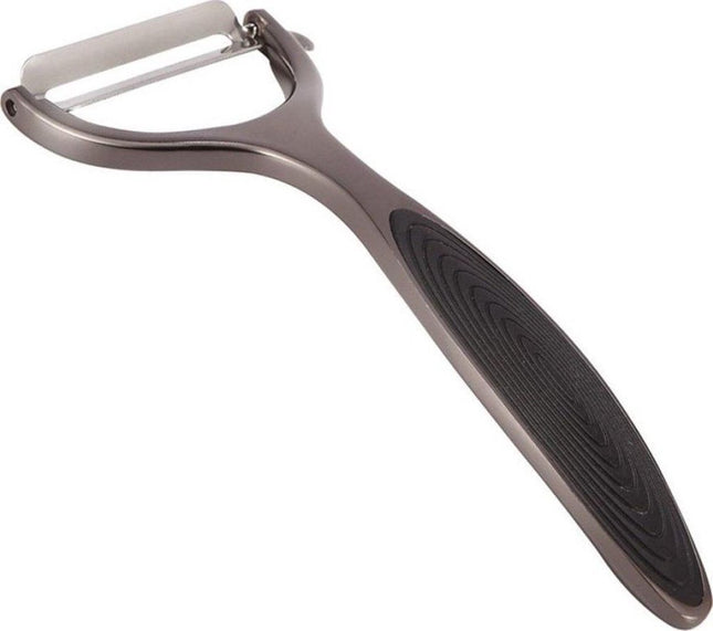 Économe pour légumes et fruits avec poignée ergonomique antidérapante et insert en silicone.