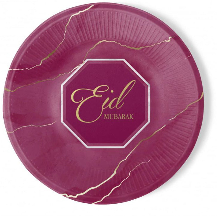Eid Mubarak borden bordeaux/paars – papieren bordjes met goudfolie, 6 stuks